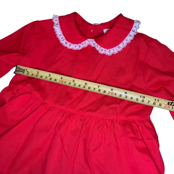 Vintage Toddler Baby Girl Red Long Sleeve Ruffle Holiday Valentine Dress Lace 2T - Picture 5 of 8